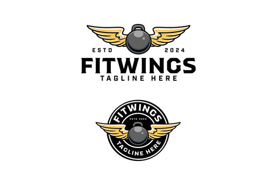 kettlelbell with wings colorful badge logo design set for gym fitness sport and competition.  kettle bell with angle wings illustration modern logo template for bodybuilding, weightlifting club