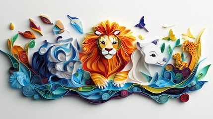 Obraz premium Beautiful papercut quilling paper filigree zoo animals. animals. Illustrations