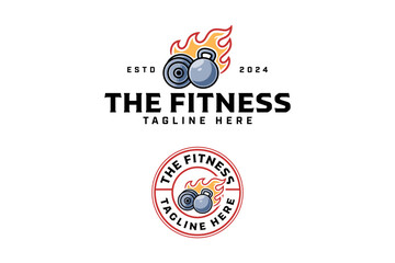 barbell plate with kettlebell, fire colorful badge logo design set for gym fitness sport. kettlebell, barbell plate with flame illustration logo template for bodybuilding, weightlifting club