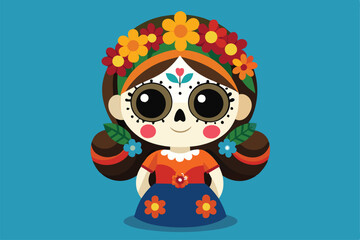 Fototapeta premium A cheerful La Catrina character adorned with a flower crown, celebrating culture and tradition during the festive Día de los Muertos.
