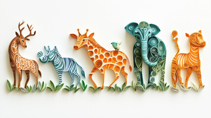 Obraz premium Beautiful papercut quilling paper filigree zoo animals. animals. Illustrations