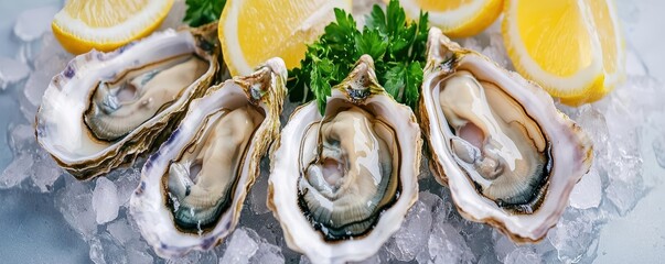 Fresh oysters with lemon and parsley on a bed of ice.