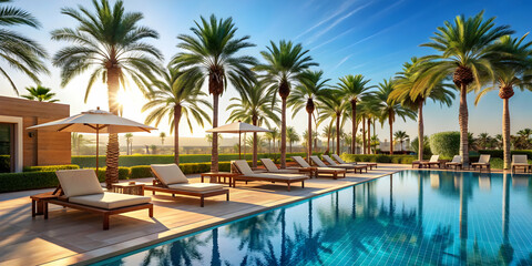 Fototapeta premium Luxury hotel poolside with palm trees and sun loungers, luxury, hotel, poolside, palm trees, sun loungers, vacation