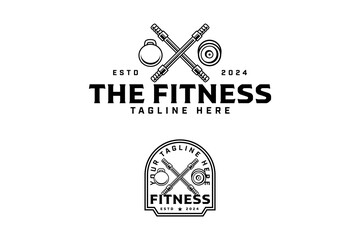 olympic bar crossed with kettlebell, barbelloutline badge logo design set for gym fitness sport. power bar, barbell, kettlebell illustration logo template for bodybuilding, weightlifting club