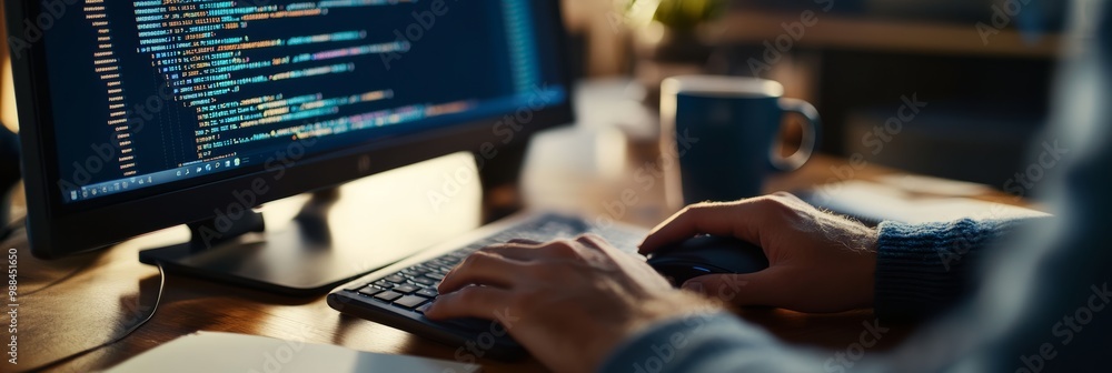 Aufkleber Close-up of hands typing code on a laptop with window background. Great for modern coding workflow and software development environments.