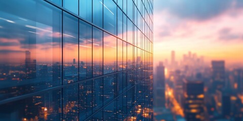 Modern office structure featuring sleek reflective glass, urban skyline softly blurred in the background, showcasing contemporary architecture.