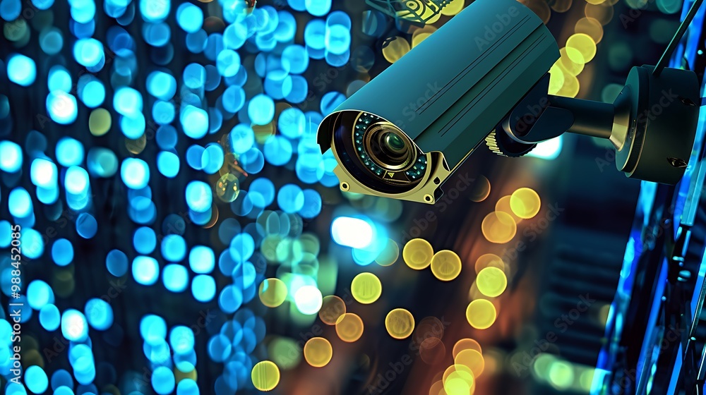 Poster close-up shot of a security camera with a blurry background of city lights, creating a captivating b