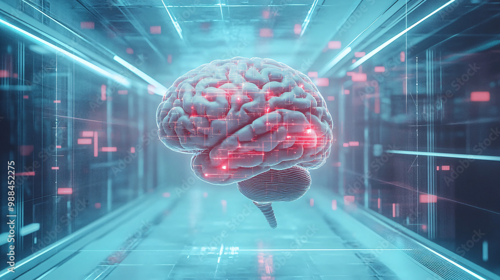 Poster human brain floating in a virtual space. isolated digital backdrop. consciousness transfer and vr. e