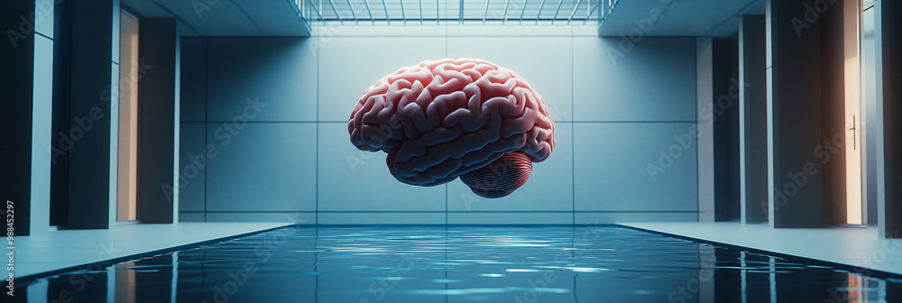 Poster human brain floating in a virtual space. isolated digital backdrop. consciousness transfer and vr. e