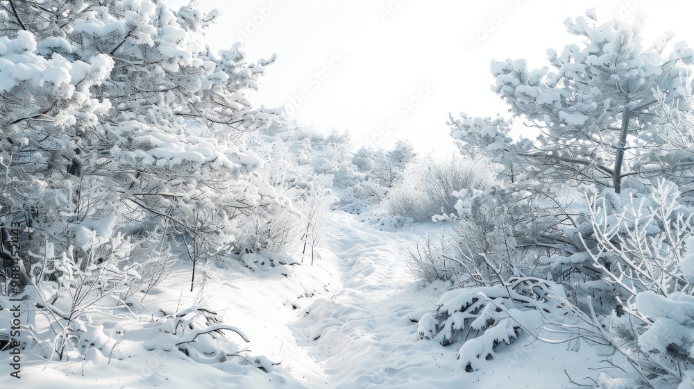Poster a serene winter scene with a snow-covered path winding through a dense forest, perfect for use as a 