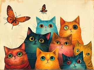 A colorful painting depicting cats playfully observing butterflies fluttering above them in a serene setting.