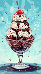A towering ice cream sundae in a glass bowl, featuring multiple scoops of ice cream