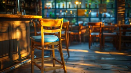 An old wooden bar stool stands solo by a counter in a warmly lit, traditional pub, inviting patrons to take a seat.