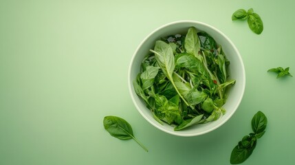 Top view of a traditional Vietnamese pho bowl with herbs, leaving space for copy text.