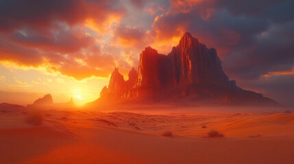 Naklejka premium Desert Mountain at Sunset Generative AI