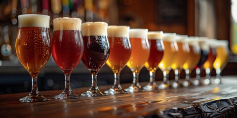 Assortment of craft beer in glasses on bar counter