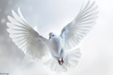 Obraz premium A white dove soaring through the air with its wings outstretched