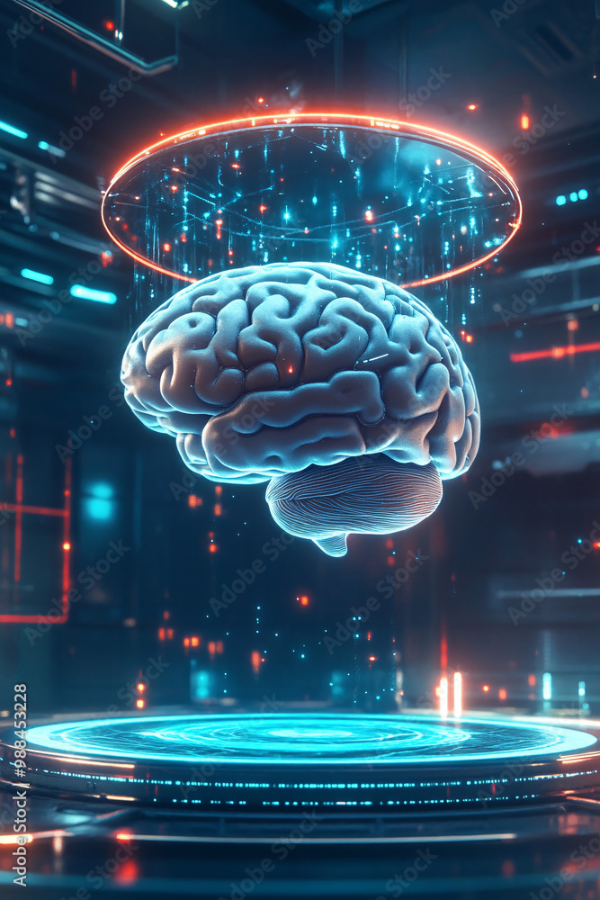 Aufkleber human brain floating in a virtual space. isolated digital backdrop. consciousness transfer and vr. e