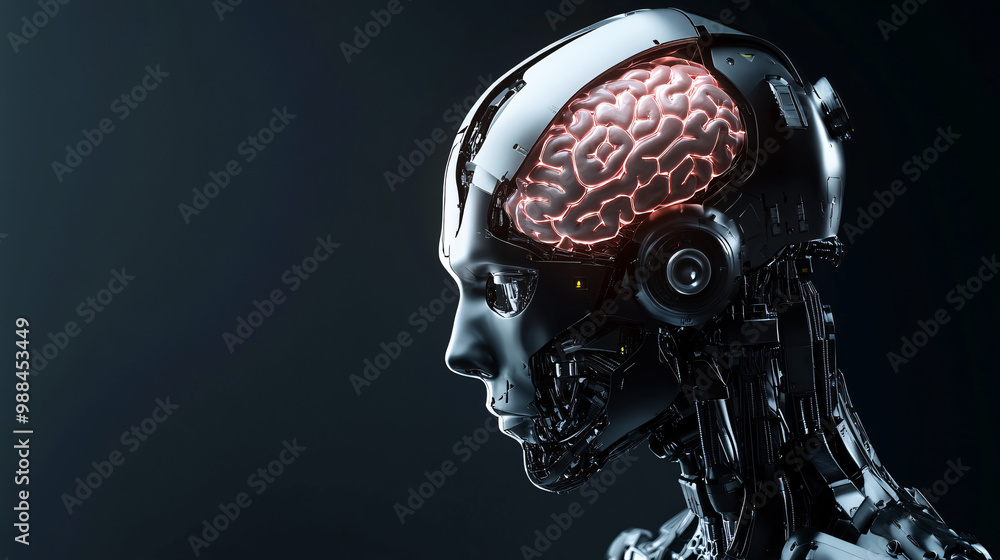 Aufkleber human brain in a robotic skull. isolated shadowy background. ai and human cognition. ethics of artif
