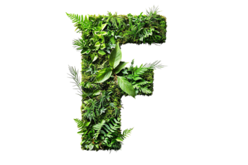 Botanical Letter F with Green Leaves and Foliage, Nature-Inspired Typography and Eco-Friendly Design on Transparent Background, Perfect for Environmental Themes