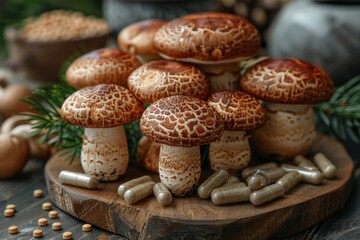 Obraz premium Shiitake mushrooms arranged next to natural herbal supplement capsules, illustrating a concept of alternative medicine.