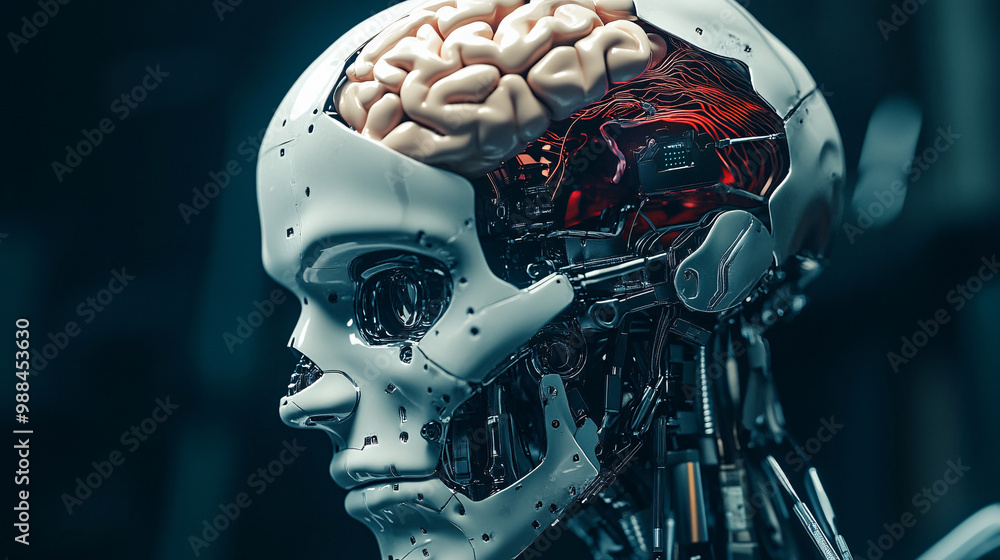 Poster human brain in a robotic skull. isolated shadowy background. ai and human cognition. ethics of artif