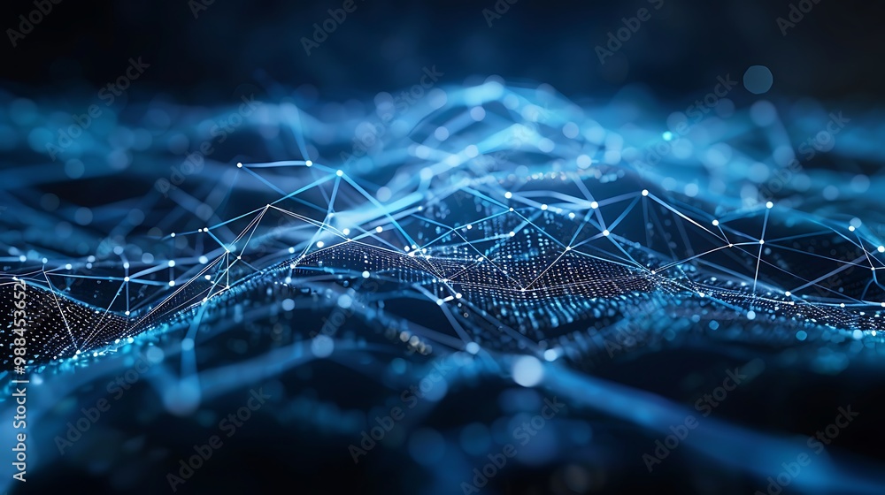 Poster digital abstract of a network with glowing blue lines and nodes, representing the interconnectedness
