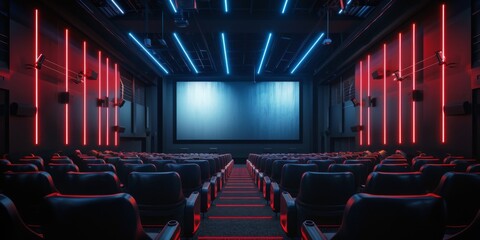 Naklejka premium Modern cinema hall interior with blank screen and red seats