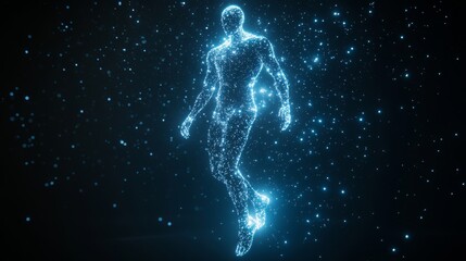 A capsule floating mid-air, glowing as it disintegrates into sparkling particles forming a human figure, merging the realms of advanced technology and medicine