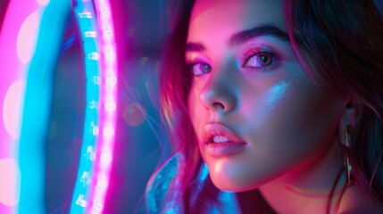 Fototapeta premium Captivating portrait of a young woman illuminated by a selfie ring light