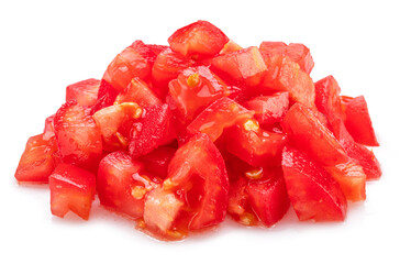 Peeled and diced tomatoes isolated on white background. Macro shot.