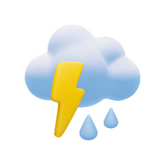 Vector cartoon 3d cloud with lightning flash and rain drops weather icon. Cute 3d Render of thunderstorm concept, meteorology illustration for design, game, web, weather app