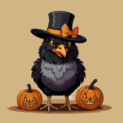 crow wearing hat standing with Halloween pumpkin