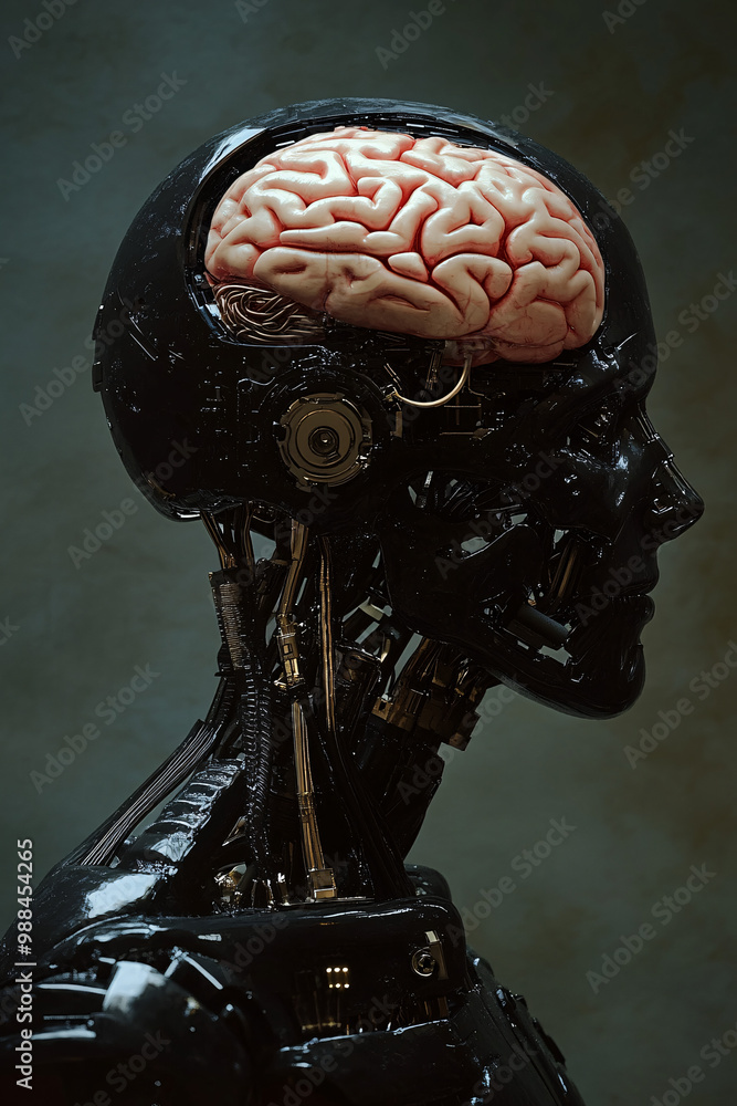 Aufkleber human brain in a robotic skull. isolated shadowy background. ai and human cognition. ethics of artif