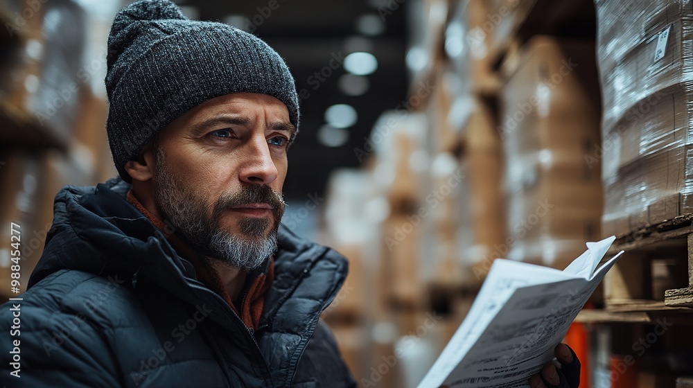 Poster warehouse workers reading product order order picking warehouse manager checking delivery stock in w