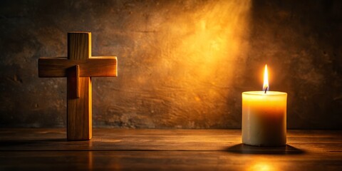 A flickering candle casts a warm, golden light on a small cross, standing steadfast against the shadows that