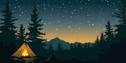 Night Sky With Silhouette Of Pine Trees And Tent