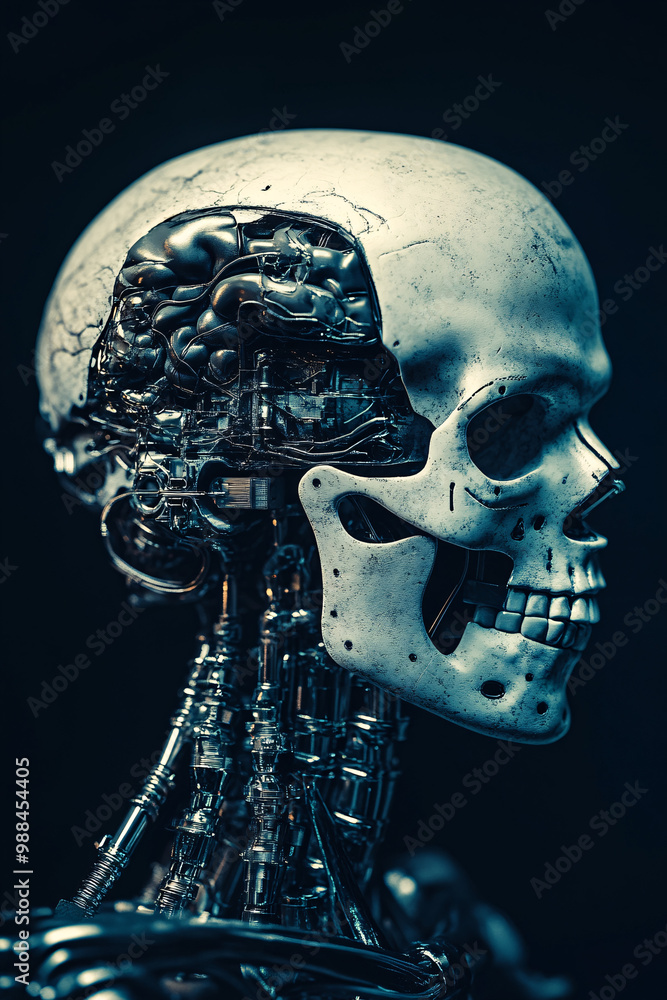 Poster human brain in a robotic skull. isolated shadowy background. ai and human cognition. ethics of artif