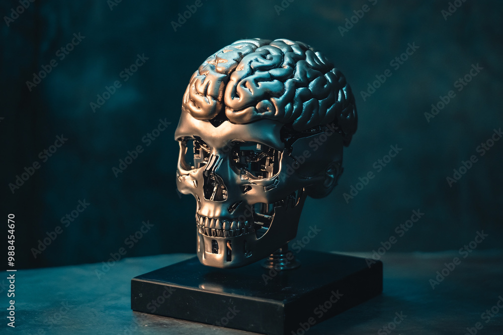 Poster human brain in a robotic skull. isolated shadowy background. ai and human cognition. ethics of artif