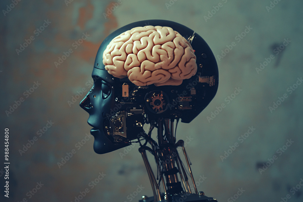 Aufkleber human brain in a robotic skull. isolated shadowy background. ai and human cognition. ethics of artif