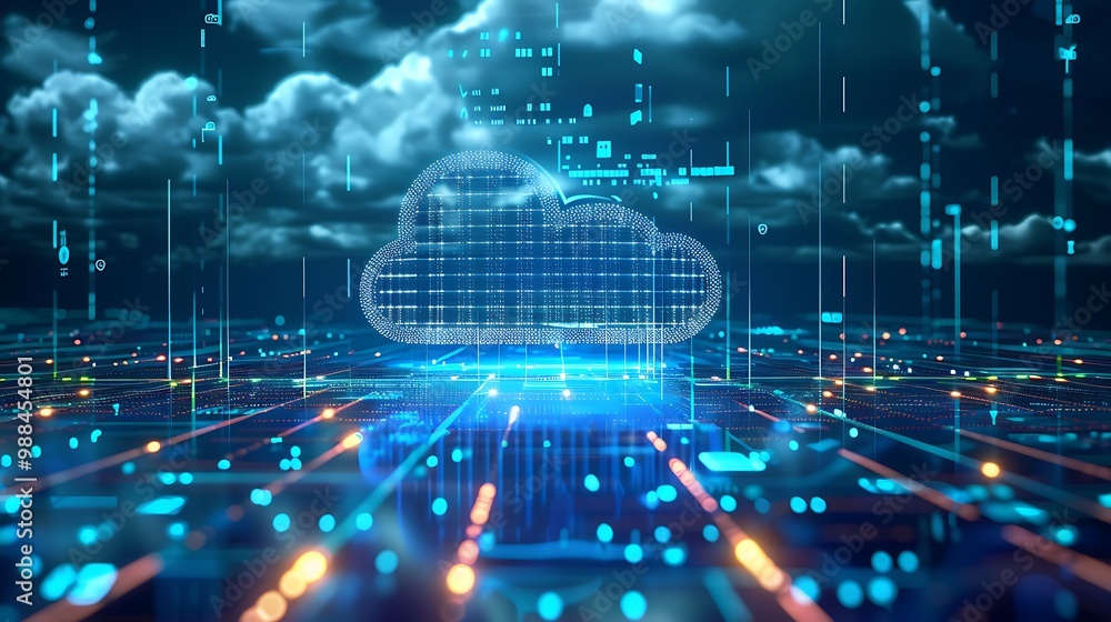 Poster digital representation of cloud computing with a cloud icon in a digital landscape of interconnected