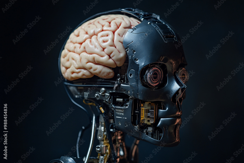 Poster human brain in a robotic skull. isolated shadowy background. ai and human cognition. ethics of artif