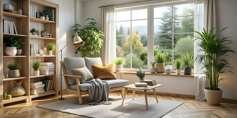 Fototapeta premium Cozy Scandinavian reading nook with light wood furniture, soft textiles, and greenery , Scandinavian, modern