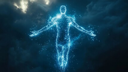 A dissolving capsule mid-air, glowing particles forming a human silhouette, blending science and magic in healingHolographic, vibrant, sci-fi