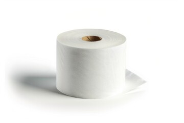A single roll of toilet paper on a white surface