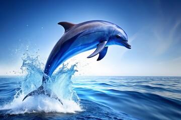 Fototapeta premium Against a crisp white background, a stunning gradient blue dolphin leaps out of the water, its sleek body