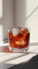 A glass of whiskey on the rocks resting on a sunlit table in a modern interior, showcasing rich amber hues and ice clarity