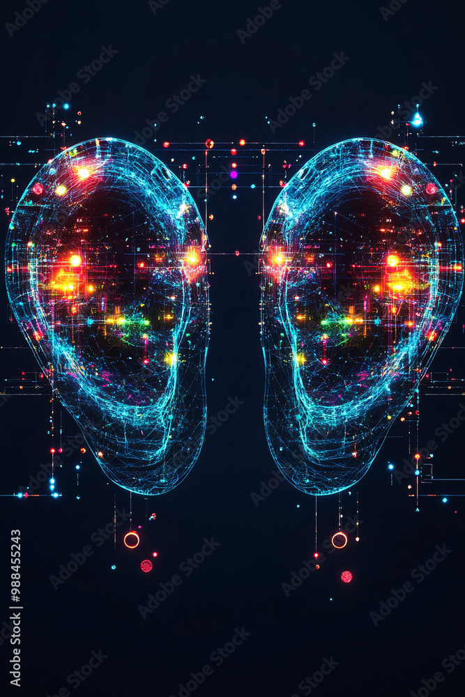 Poster human ears in a digital interface. isolated dim background. auditory enhancement and communication. 