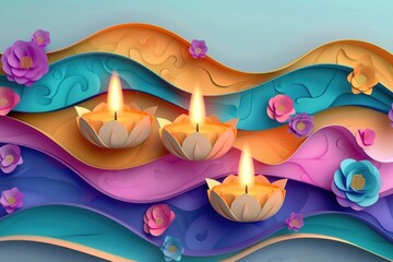 Paper art illustration of three lit candles, simple and minimalist design