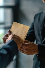 Two businessmen exchanging papers, professional setting